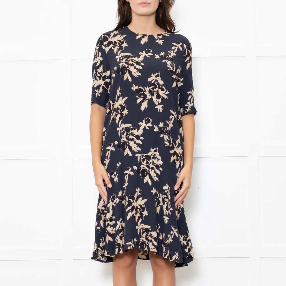 GANNI St Pierre Crepe Floral Dress Navy Blue Tan Ruffle Hem Size 10‎ L Shift